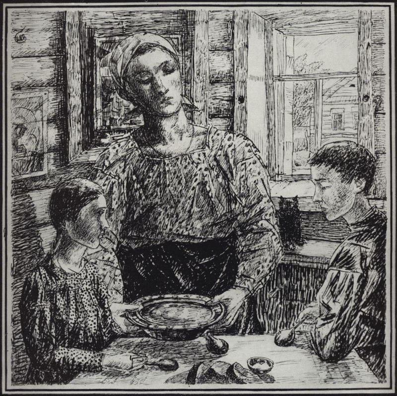 Кузьма Петров-Водкин. Мать. Рисунок для журнала "Пламя". 1919.